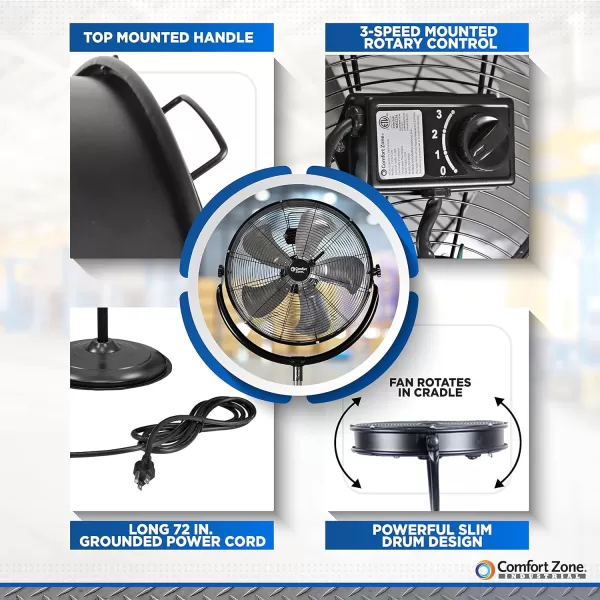 Comfort Zone Slim Profile High Velocity Industrial Pedestal Stand Fan, Aluminum Blades &amp; Adjustable Tilt, 20 inch, 3 Speed, All-Metal Construction, Ideal for Garage, Workshop or Warehouse, CZHVP20S