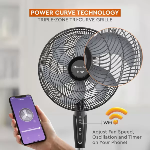 Comfort Zone Smart WiFi Oscillating Stand Fan, 18 inch, 3 Speed, Wall-Mountable, Voice Control, Full-Function Timer, Adjustable Stand up to 53 inches, Tri-Curve Technology to Reduce Noise, CZST180SWS