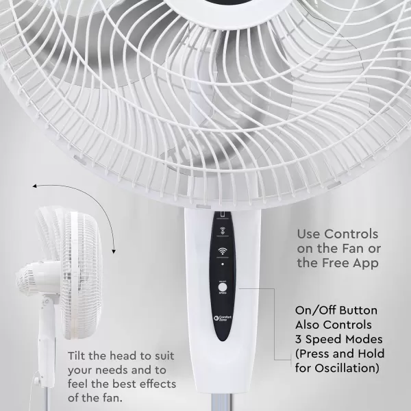 Comfort Zone Smart WiFi Oscillating Stand Fan, 18 inch, 3 Speed, Wall-Mountable, Voice Control, Full-Function Timer, Adjustable Stand up to 53 inches, Tri-Curve Technology to Reduce Noise, CZST180SWS