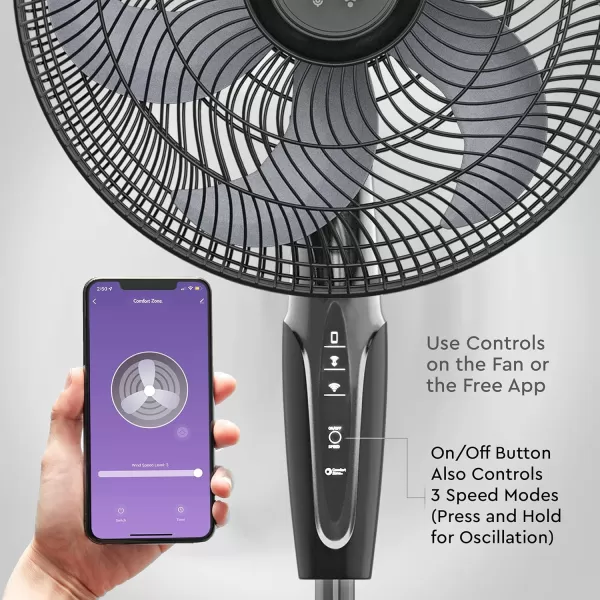 Comfort Zone Smart WiFi Oscillating Stand Fan, 18 inch, 3 Speed, Wall-Mountable, Voice Control, Full-Function Timer, Adjustable Stand up to 53 inches, Tri-Curve Technology to Reduce Noise, CZST180SWS