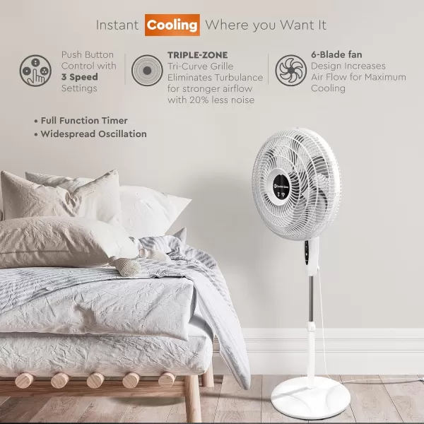 Comfort Zone Smart WiFi Oscillating Stand Fan, 18 inch, 3 Speed, Wall-Mountable, Voice Control, Full-Function Timer, Adjustable Stand up to 53 inches, Tri-Curve Technology to Reduce Noise, CZST180SWS
