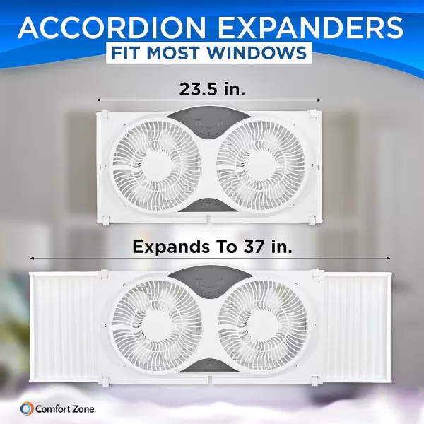 Comfort Zone Twin Window Fan with Reversible Airflow Control, 9 inch, Auto-Locking Expanders, 2 Speed Fan, Dual Fan, Exhaust, Airflow 9.84 ft/sec, Ideal for Home, Kitchen, Bedroom &amp; Office, CZ319WT