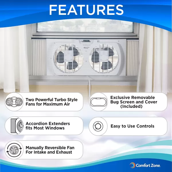 Comfort Zone Twin Window Fan with Reversible Airflow Control, 9 inch, Auto-Locking Expanders, 2 Speed Fan, Dual Fan, Exhaust, Airflow 9.84 ft/sec, Ideal for Home, Kitchen, Bedroom &amp; Office, CZ319WT