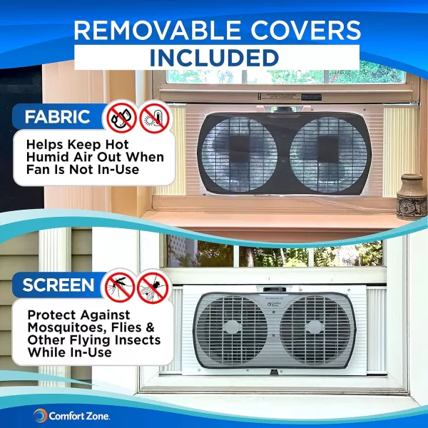 Comfort Zone Twin Window Fan with Reversible Airflow Control, 9 inch, Auto-Locking Expanders, 2 Speed Fan, Dual Fan, Exhaust, Airflow 9.84 ft/sec, Ideal for Home, Kitchen, Bedroom &amp; Office, CZ319WT