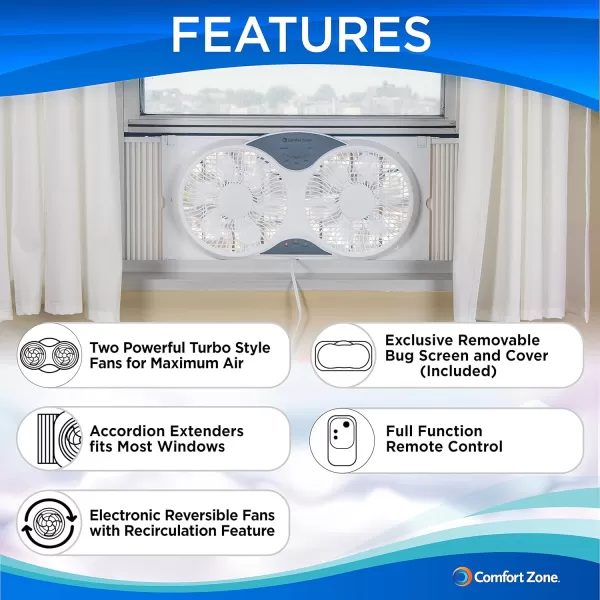 Comfort Zone Twin Window Fan with Reversible Airflow Control, 9 inch, Auto-Locking Expanders, 2 Speed Fan, Dual Fan, Exhaust, Airflow 9.84 ft/sec, Ideal for Home, Kitchen, Bedroom &amp; Office, CZ319WT
