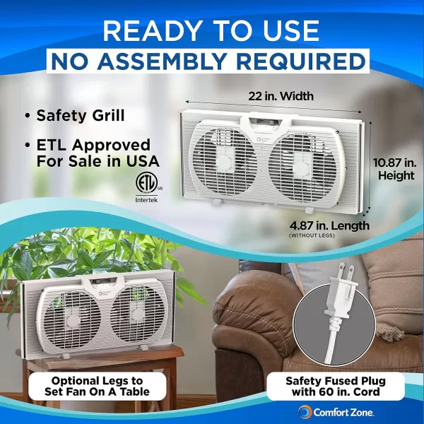 Comfort Zone Twin Window Fan with Reversible Airflow Control, 9 inch, Auto-Locking Expanders, 2 Speed Fan, Dual Fan, Exhaust, Airflow 9.84 ft/sec, Ideal for Home, Kitchen, Bedroom &amp; Office, CZ319WT