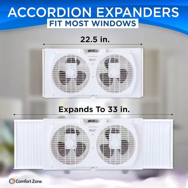 Comfort Zone Twin Window Fan with Reversible Airflow Control, 9 inch, Auto-Locking Expanders, 2 Speed Fan, Dual Fan, Exhaust, Airflow 9.84 ft/sec, Ideal for Home, Kitchen, Bedroom &amp; Office, CZ319WT