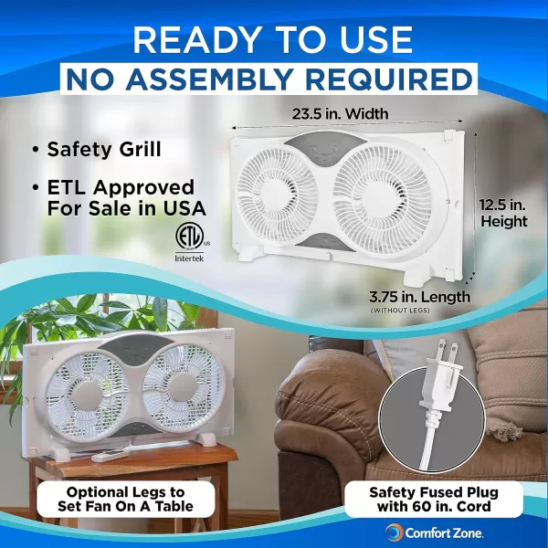 Comfort Zone Twin Window Fan with Reversible Airflow Control, 9 inch, Auto-Locking Expanders, 2 Speed Fan, Dual Fan, Exhaust, Airflow 9.84 ft/sec, Ideal for Home, Kitchen, Bedroom &amp; Office, CZ319WT