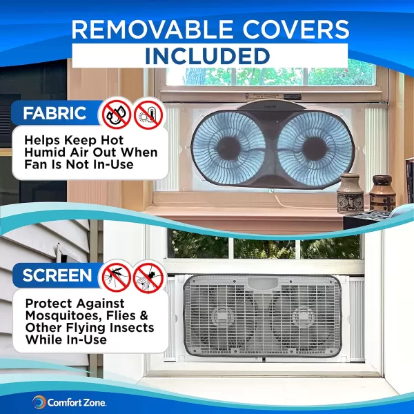 Comfort Zone Twin Window Fan with Reversible Airflow Control, 9 inch, Auto-Locking Expanders, 2 Speed Fan, Dual Fan, Exhaust, Airflow 9.84 ft/sec, Ideal for Home, Kitchen, Bedroom &amp; Office, CZ319WT