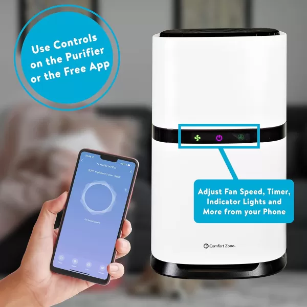 Comfort Zone® Clean HEPA Air Purifier with WiFi App Control - Smart Air Filter &amp; Cleaner for Home, Remove Dust, Odor, Pollen - Compact Ionizer with Timer &amp; Night Light, Covers 150 sq. ft., White