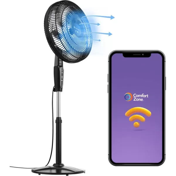Comfort Zone Smart WiFi Oscillating Stand Fan, 18 inch, 3 Speed, Wall-Mountable, Voice Control, Full-Function Timer, Adjustable Stand up to 53 inches, Tri-Curve Technology to Reduce Noise, CZST180SWS