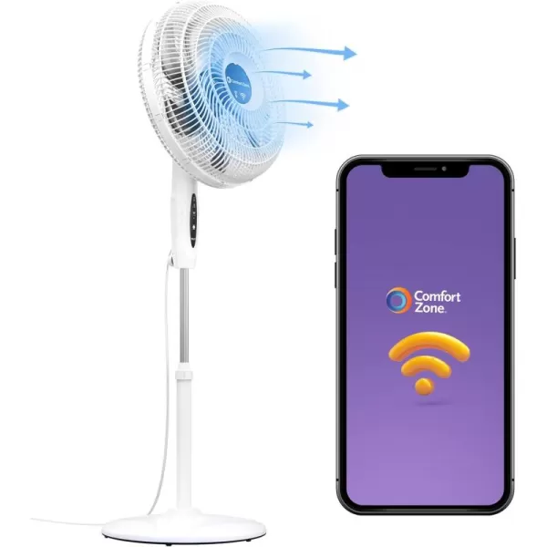 Comfort Zone Smart WiFi Oscillating Stand Fan, 18 inch, 3 Speed, Wall-Mountable, Voice Control, Full-Function Timer, Adjustable Stand up to 53 inches, Tri-Curve Technology to Reduce Noise, CZST180SWS