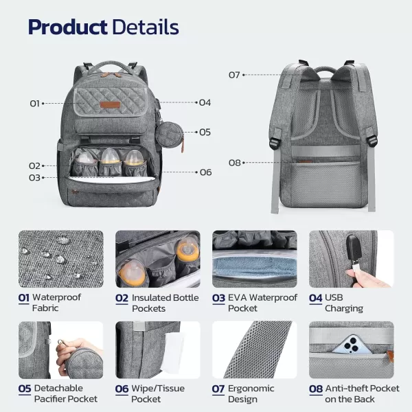 Maelstrom Diaper Bag Backpack,Baby Bag,23L-30L Expandable Diaper Backpack for Mom Dad,Travel Essentials Baby Bag with Changing Pad&amp;Stroller Straps &amp; Pacifier Bag,Gray