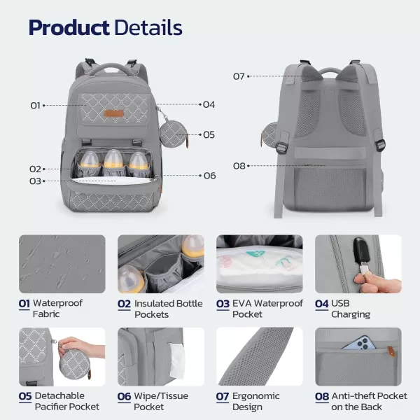 Maelstrom Diaper Bag Backpack,Baby Bag,23L-30L Expandable Diaper Backpack for Mom Dad,Travel Essentials Baby Bag with Changing Pad&amp;Stroller Straps &amp; Pacifier Bag,Gray