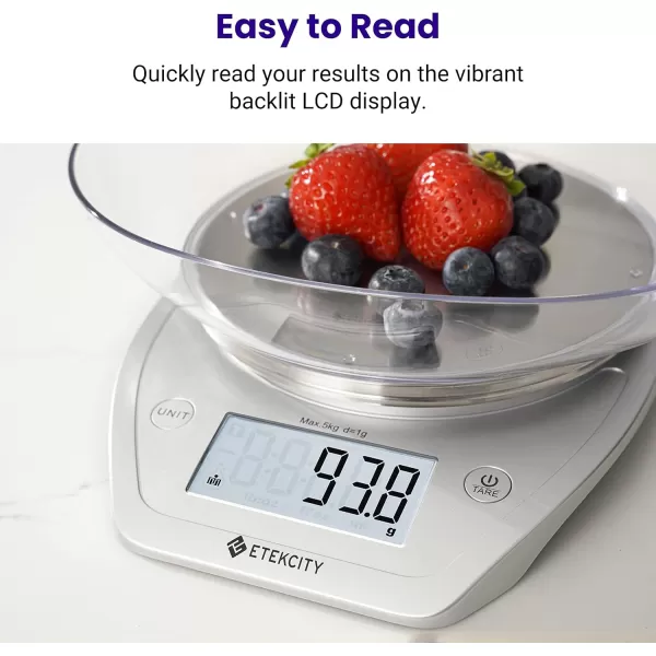Etekcity 01g Food Kitchen Scale Bowl Digital Grams and Ounces for Weight Loss Dieting Baking Cooking and Meal Prep 11lb5kg Stainless Steel SilverArctic Sliver