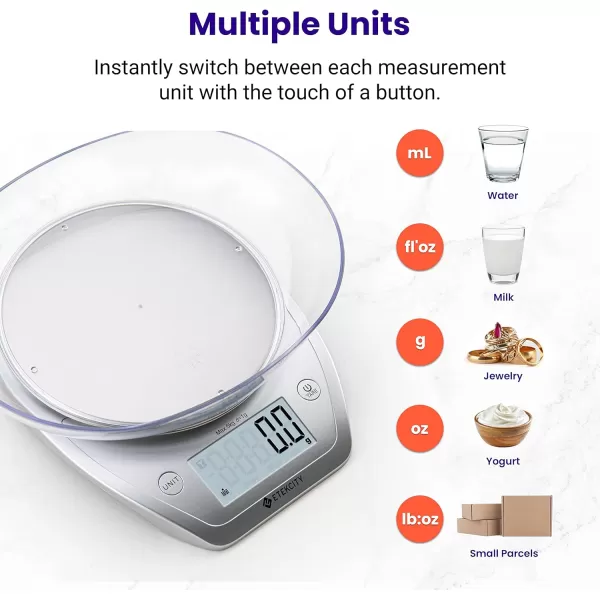 Etekcity 01g Food Kitchen Scale Bowl Digital Grams and Ounces for Weight Loss Dieting Baking Cooking and Meal Prep 11lb5kg Stainless Steel SilverArctic Sliver