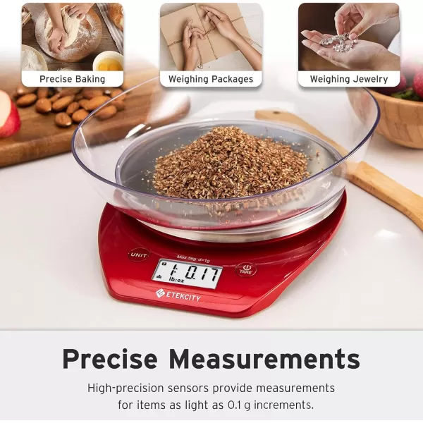 Etekcity 01g Food Kitchen Scale Bowl Digital Grams and Ounces for Weight Loss Dieting Baking Cooking and Meal Prep 11lb5kg Stainless Steel SilverChili Red