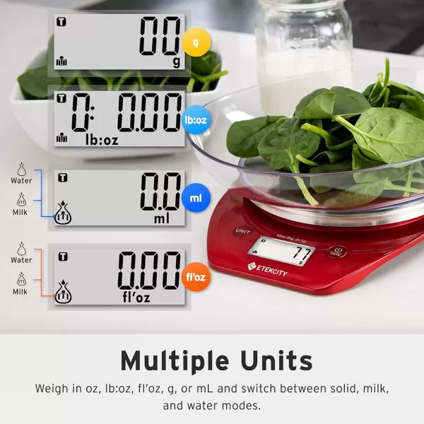 Etekcity 01g Food Kitchen Scale Bowl Digital Grams and Ounces for Weight Loss Dieting Baking Cooking and Meal Prep 11lb5kg Stainless Steel SilverChili Red
