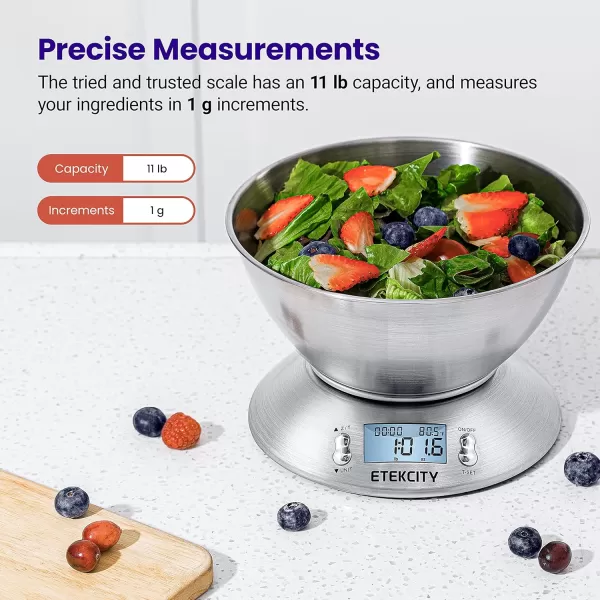 Etekcity 01g Food Kitchen Scale Bowl Digital Grams and Ounces for Weight Loss Dieting Baking Cooking and Meal Prep 11lb5kg Stainless Steel SilverStainless SteelSilver