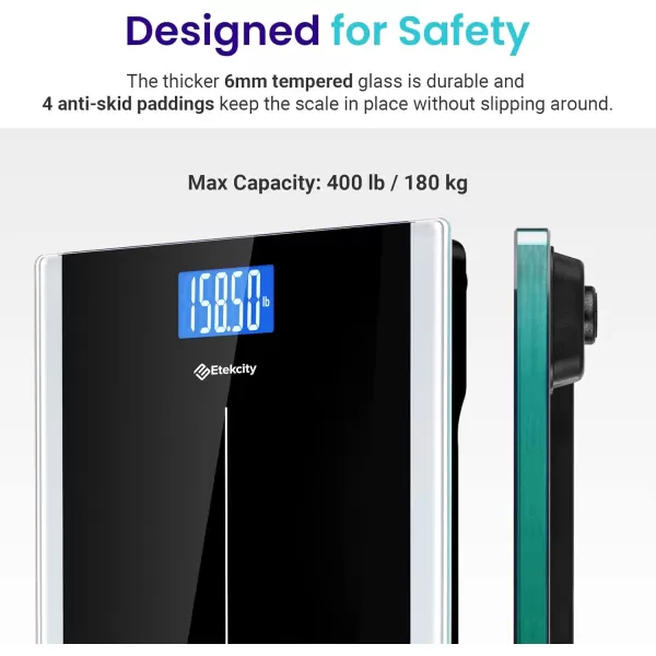 Etekcity Bathroom Scale for Body Weight Digital Weighing Machine for People Accurate ampamp Large LCD Backlight Display 6mm Tempered Glass 400 lbsBlack