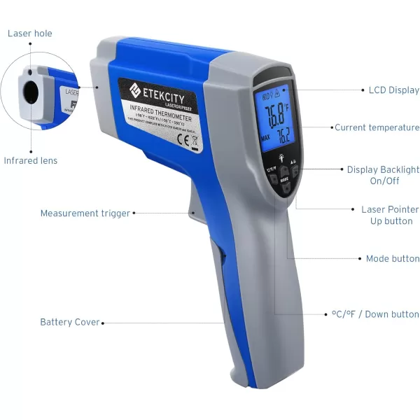 Etekcity Digital Thermometers Noncontact58F 1022F 50C  550C ith Adjustable Emissivity ampamp Max Measure for Meat Refrigerator Pool Oven Blue