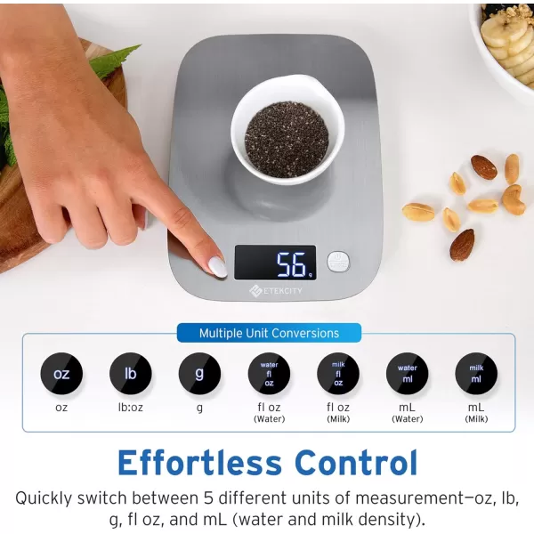 Etekcity Food Kitchen Scale Digital Grams and Ounces for Weight Loss Baking Cooking Keto and Meal Prep Postal Scale for Packages Liquids Jewelry Medium Silver Stainless Steel