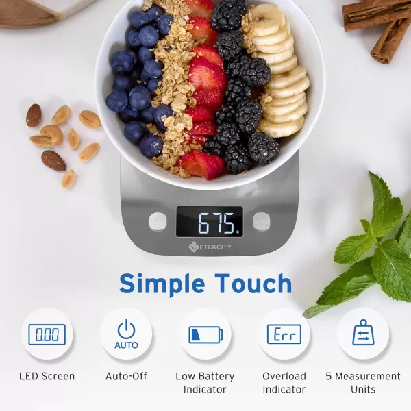 Etekcity Food Kitchen Scale Digital Grams and Ounces for Weight Loss Baking Cooking Keto and Meal Prep Postal Scale for Packages Liquids Jewelry Medium Silver Stainless Steel