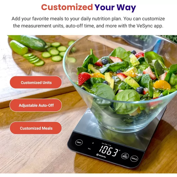 Etekcity Food Nutrition Scale Smart Food Scale for calorie count IPX6 Waterproof Rechargeable Bluetooth Ounces and Grams for Weight Loss Cooking 304 Stainless Steel Luminary 22lb
