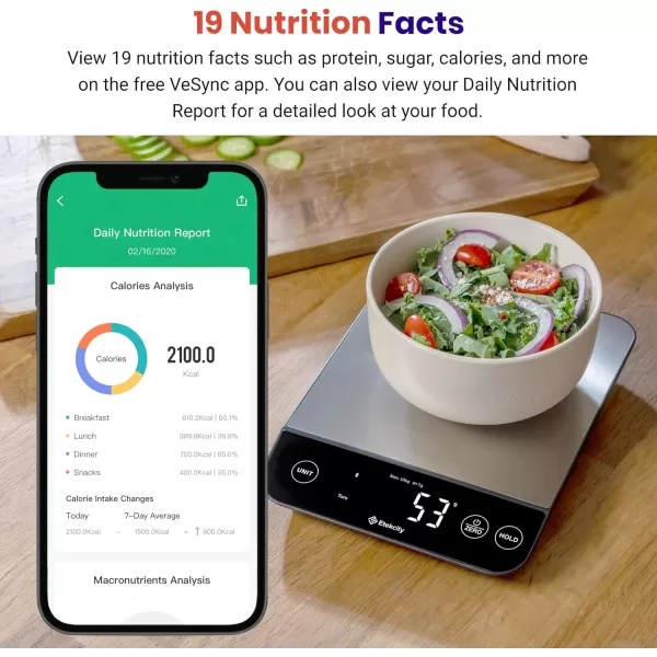 Etekcity Food Nutrition Scale Smart Food Scale for calorie count IPX6 Waterproof Rechargeable Bluetooth Ounces and Grams for Weight Loss Cooking 304 Stainless Steel Luminary 22lb