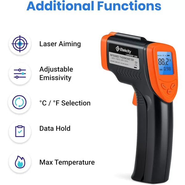 Etekcity Infrared Thermometer Laser Temperature Gun for Griddle 58F to 1130F for Food BBQ Pizza Oven Accessories Non Contact IR Heat Gun for Pool Reptile Cooking Kitchen FridgeOrange