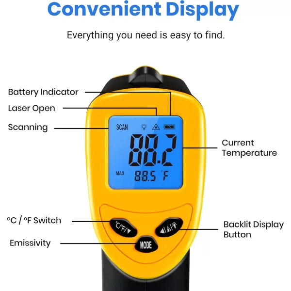Etekcity Infrared Thermometer Laser Temperature Gun for Griddle 58F to 1130F for Food BBQ Pizza Oven Accessories Non Contact IR Heat Gun for Pool Reptile Cooking Kitchen FridgeBlack Yellow