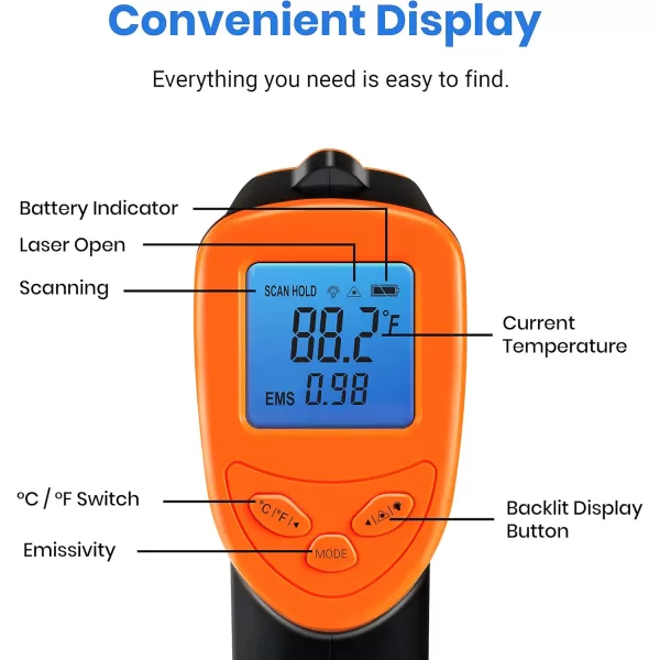Etekcity Infrared Thermometer Laser Temperature Gun for Griddle 58F to 1130F for Food BBQ Pizza Oven Accessories Non Contact IR Heat Gun for Pool Reptile Cooking Kitchen FridgeOrange