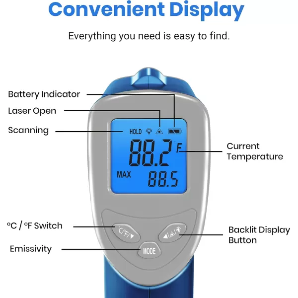 Etekcity Infrared Thermometer Laser Temperature Gun for Griddle 58F to 1130F for Food BBQ Pizza Oven Accessories Non Contact IR Heat Gun for Pool Reptile Cooking Kitchen FridgeBlue