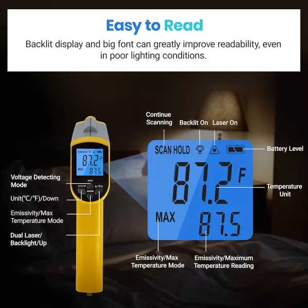Etekcity Lasergrip 800 Temperature Gun58 to 1382 with 161 DTS Ratio High Laser Temp IR Tool for Cooking Grill Pizza Oven Griddle Engine HVAC Not for Human Light YellowYellow