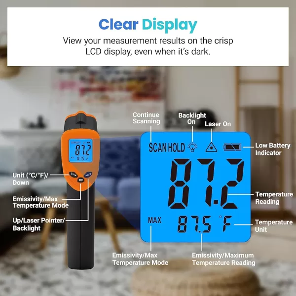 Etekcity Lasergrip 800 Temperature Gun58 to 1382 with 161 DTS Ratio High Laser Temp IR Tool for Cooking Grill Pizza Oven Griddle Engine HVAC Not for Human Light YellowOrange