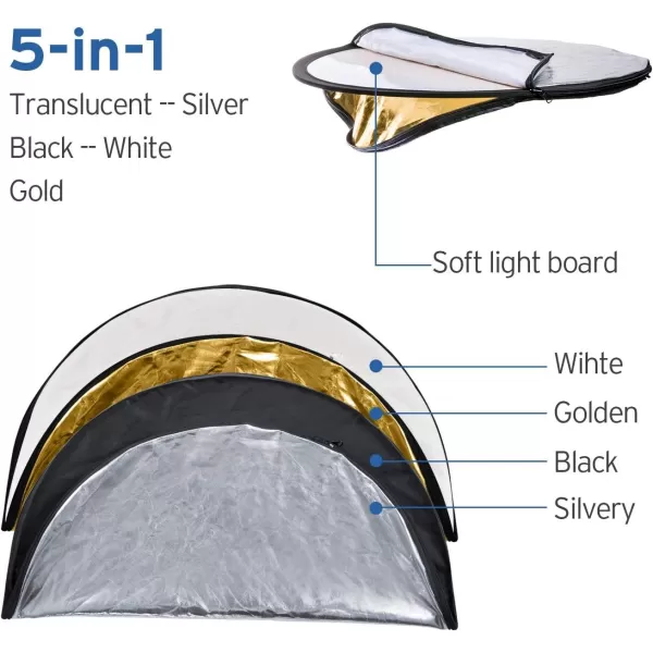 Etekcity Reflector Photography 43quot 110cm 5in1 Light Reflectors for Photography MultiDisc Photo Reflector Collapsible with Bag  Translucent Silver Gold White and Black24 Inch