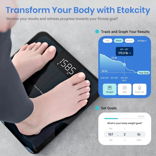 Etekcity Smart Scale for Body Weight and Fat Percentage Digital Bathroom Accurate Weighing Machine for Peoples BMI Muscle Bluetooth Electronic Body Composition Monitor Syncs with App 400lb WhiteBlack