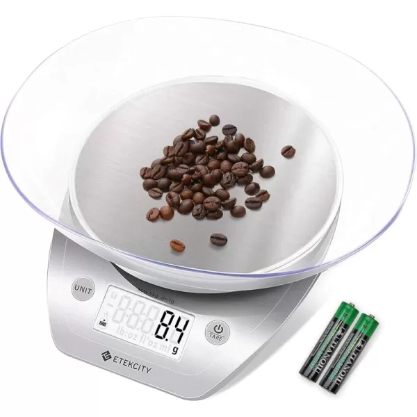 Etekcity 01g Food Kitchen Scale Bowl Digital Grams and Ounces for Weight Loss Dieting Baking Cooking and Meal Prep 11lb5kg Stainless Steel SilverArctic Sliver