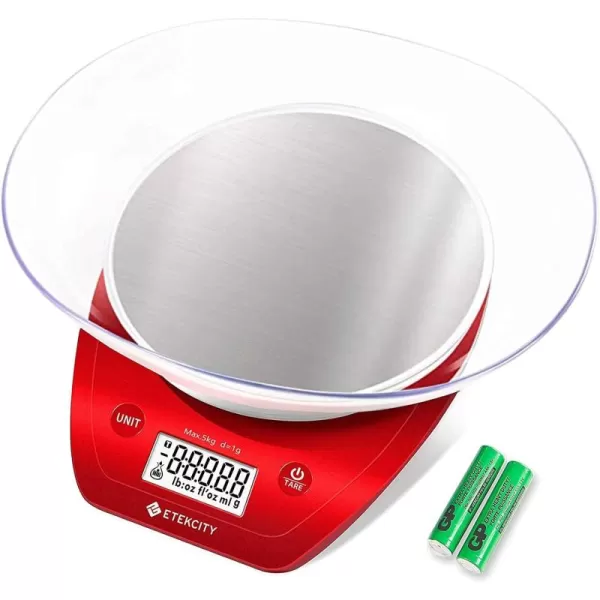 Etekcity 01g Food Kitchen Scale Bowl Digital Grams and Ounces for Weight Loss Dieting Baking Cooking and Meal Prep 11lb5kg Stainless Steel SilverChili Red