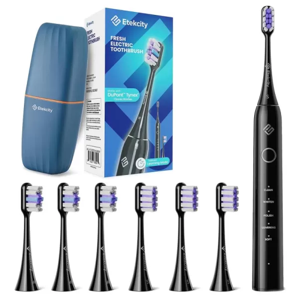 Etekcity Electric Toothbrush Sonic for Adults Learning Mode 6 Soft ampamp Premium Brush Heads Fast Charge 3 Hours Last 60 Days Kids and Beginners 2 Mins Smart Timer 5 Modes ampamp Travel Case BlackBlack
