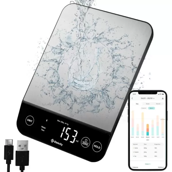 Etekcity Food Nutrition Scale Smart Food Scale for calorie count IPX6 Waterproof Rechargeable Bluetooth Ounces and Grams for Weight Loss Cooking 304 Stainless Steel Luminary 22lb