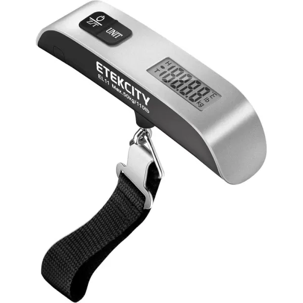 Etekcity Luggage Scale Suitcase Weight Scale with Hook for Travel Essentials Digital Portable Hand Hanging Weigher for Bag Tags 110 Pounds Heavy Duty Battery IncludedAsh Silver