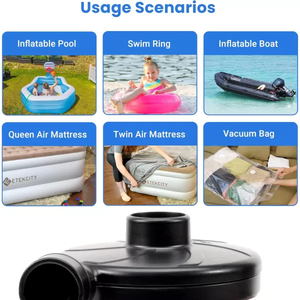 Etekcity Air Pump for Inflatables Portable Electric Air Mattress Pump QuickFill Perfect InflatorDeflator Pump for Couch Pool Floats Blow up Pool Raft Bed Boat Toy with Nozzles 110120V BlackBlack