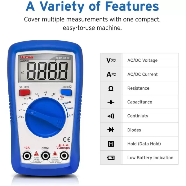 Etekcity Digital Clamp Meter Multimeter AC Current and ACDC Voltage Tester with Amp Volt Ohm Continuity Diode and Resistance Test AutoRanging Red MSRC600Blue
