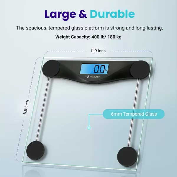 Etekcity Digital Body Weight Bathroom Scale Large Blue LCD Backlight Display High Precision Measurements 6mm Tempered Glass 400 Pounds Black