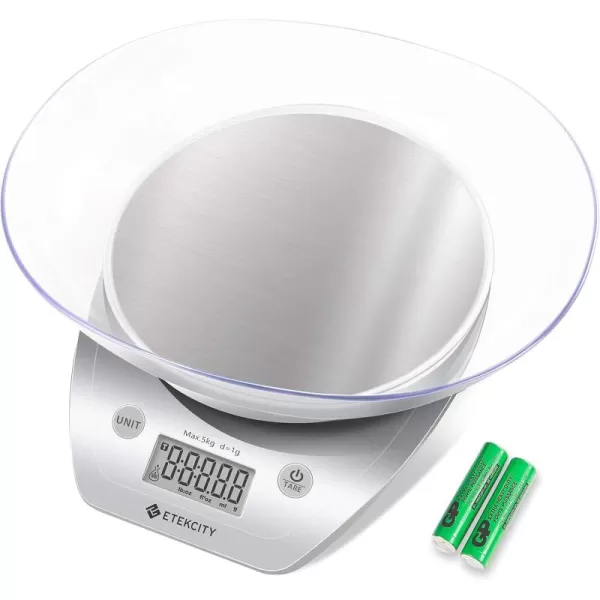 Etekcity Food Kitchen Scale Bowl Digital Ounces and Grams for Cooking Baking Meal Prep Dieting and Weight Loss 11lb5kg Silver