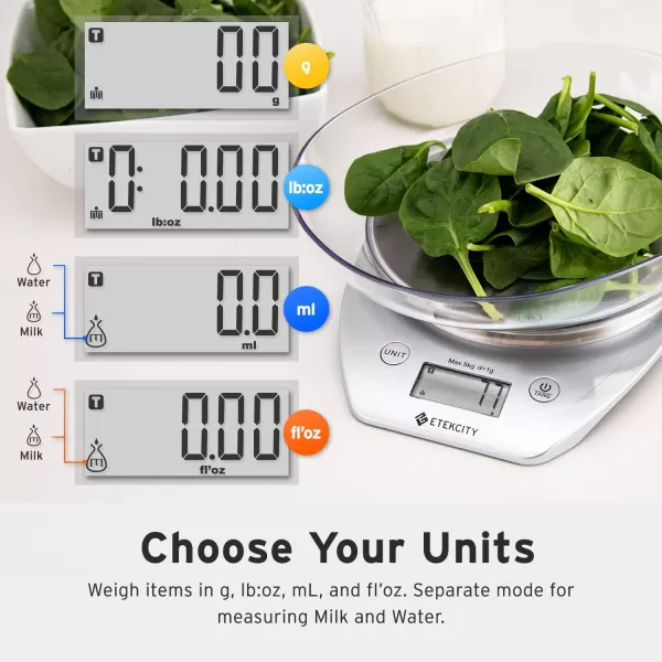 imageEtekcity Food Kitchen Scale Bowl Digital Ounces and Grams for Cooking Baking Meal Prep Dieting and Weight Loss 11lb5kg Silver
