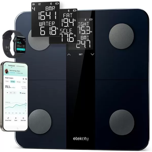imageEtekcity Smart Scale for Body Weight Bathroom Digital Weighing Scale with BMI Body Fat Muscle Mass High Accuracy with 13 Measurements and Large Display Support Offline Mode and Apps ConnectionSmartBlack
