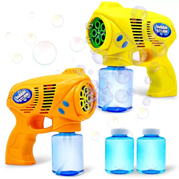 JOYIN 2 Bubble Guns with 2 Bottles Bubble Refill Solution Bubble Machine Gun for Kids Toddlers Bubble Blaster Party Favors Summer Outdoors Activity Wedding Easter Birthday GiftOrangeyellow