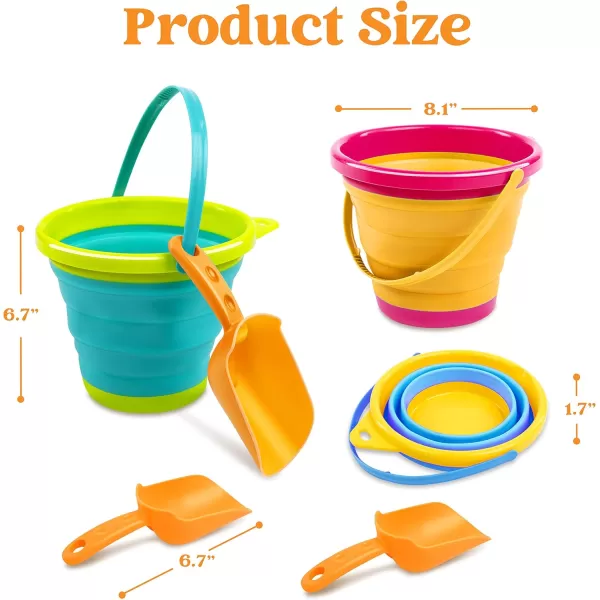 JOYIN Foldable Beach Bucket Set  3 Packs Collapsible Toy Buckets with Shovels and Mesh Backpack for Kids Toddlers Party Camping Gear Travelling Fishing Water Pail PinkPurpleGreenYellowBlueGreen